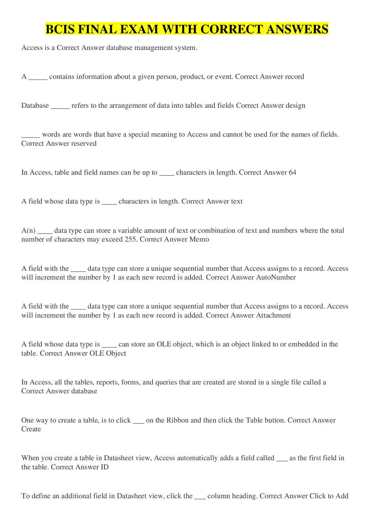 Preview image of BCIS FINAL EXAM WITH CORRECT ANSWERS document